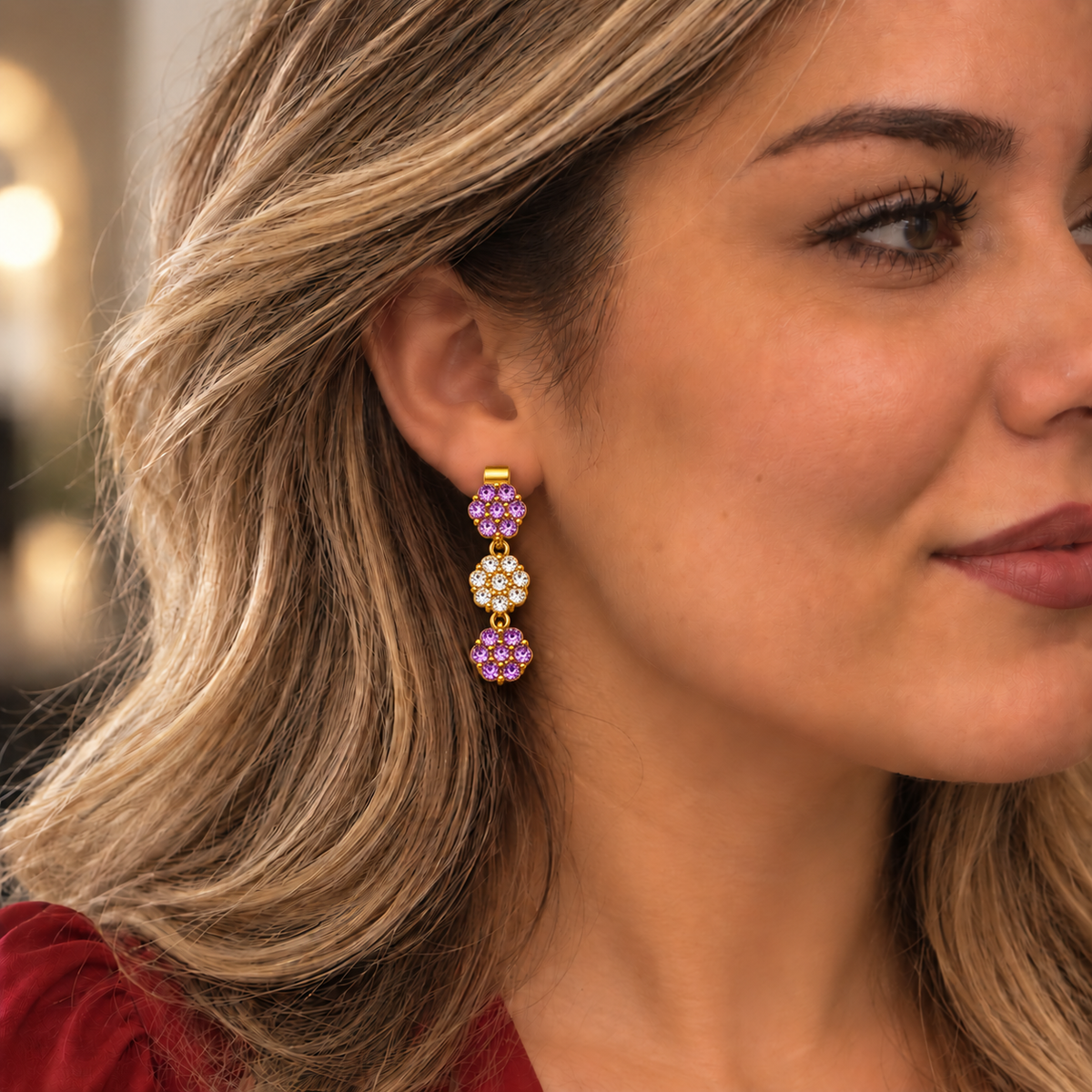 Boucles d'oreilles Multi Fleurs de Cristaux Violets et Transparents Luxe