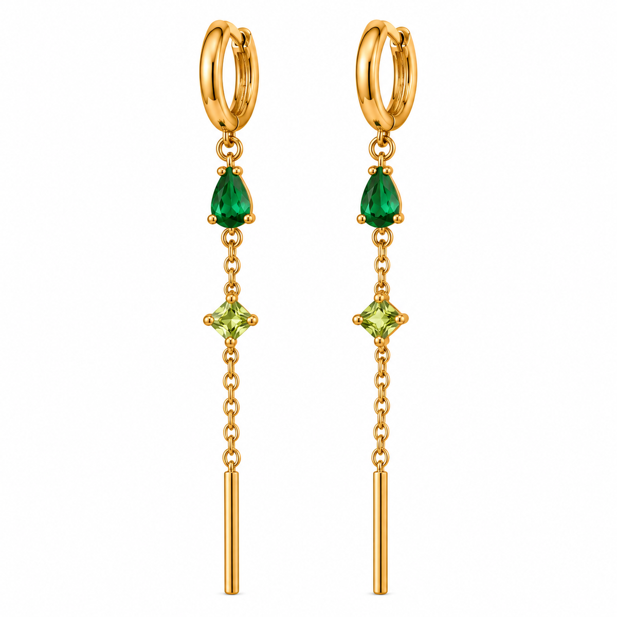Boucles d'oreilles Multi Gouttes Vertes et Barres Dorées Luxe