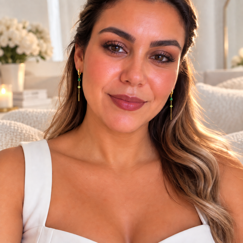 Boucles d'oreilles Multi Gouttes Vertes et Barres Dorées Luxe
