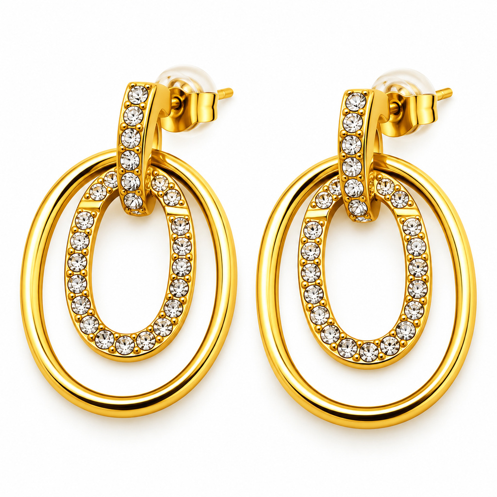 Boucles d'oreilles Pendentif Double Ovales Doré et Cristaux Luxe