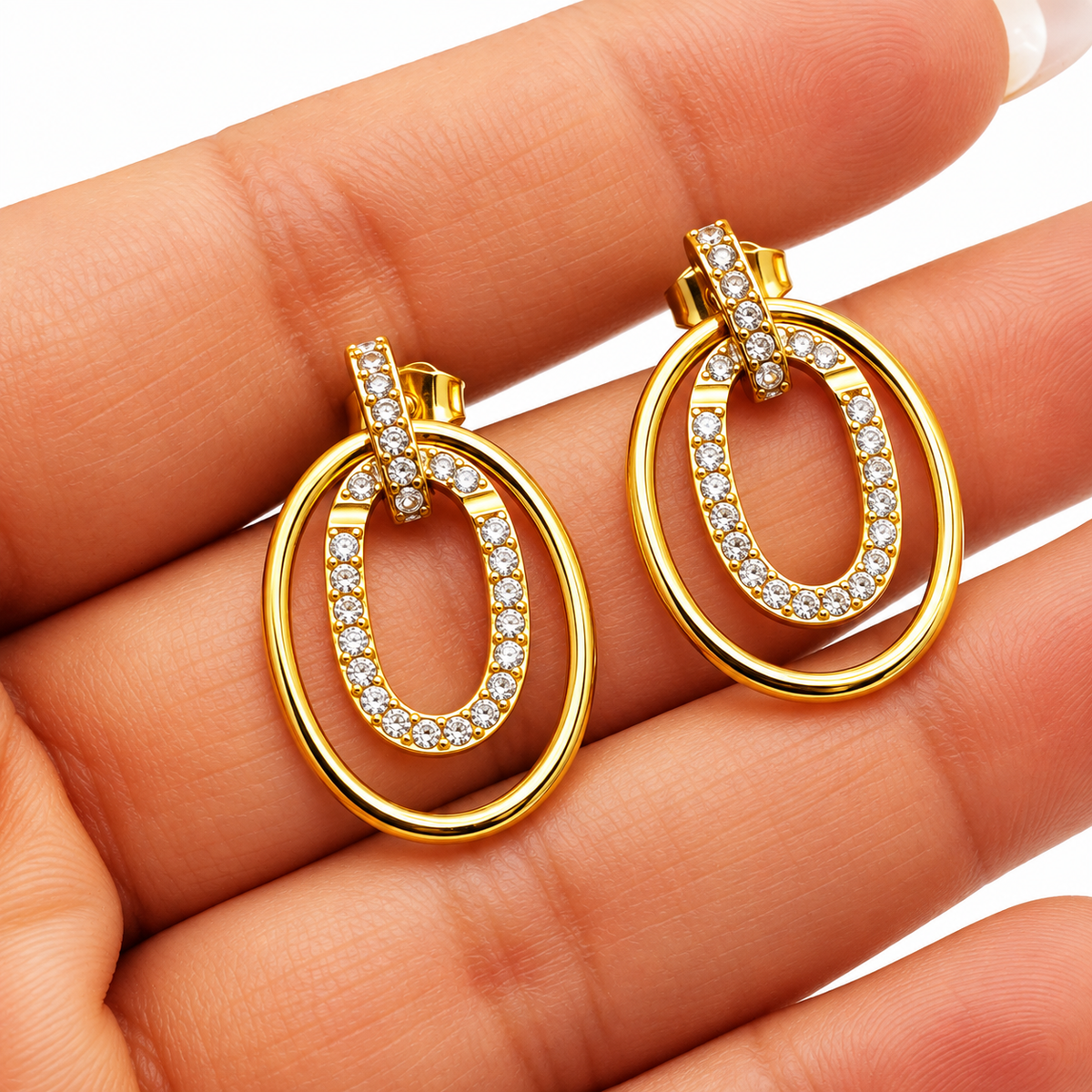 Boucles d'oreilles Pendentif Double Ovales Doré et Cristaux Luxe