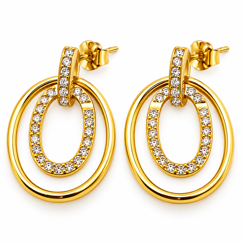 Boucles d'oreilles Pendentif Double Ovales Doré et Cristaux Luxe