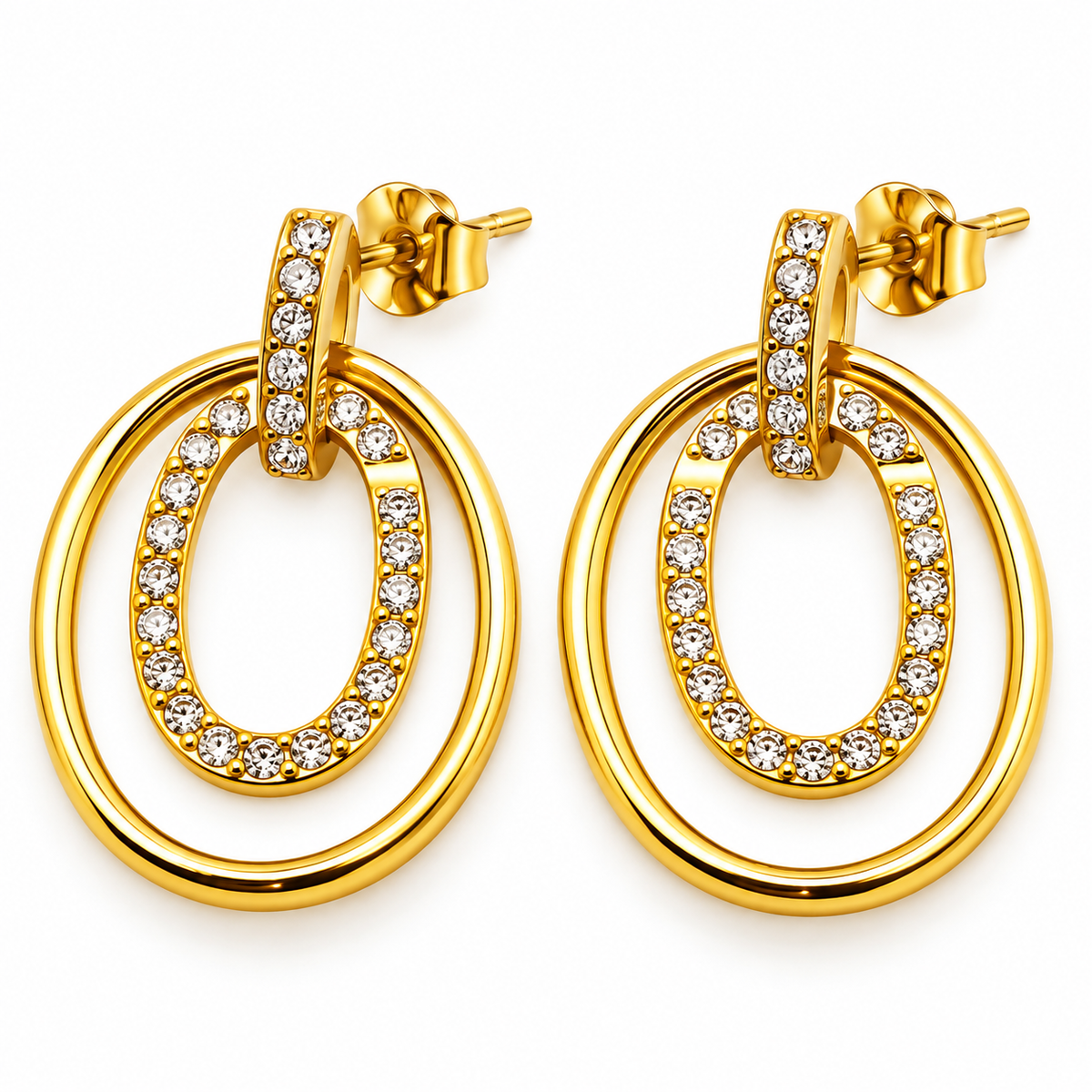 Boucles d'oreilles Pendentif Double Ovales Doré et Cristaux Luxe