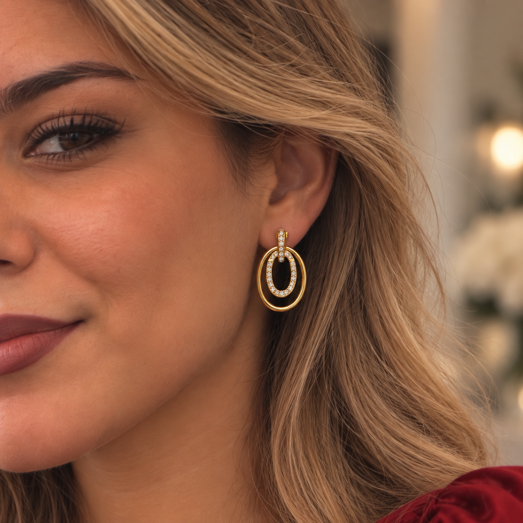 Boucles d'oreilles Pendentif Double Ovales Doré et Cristaux Luxe