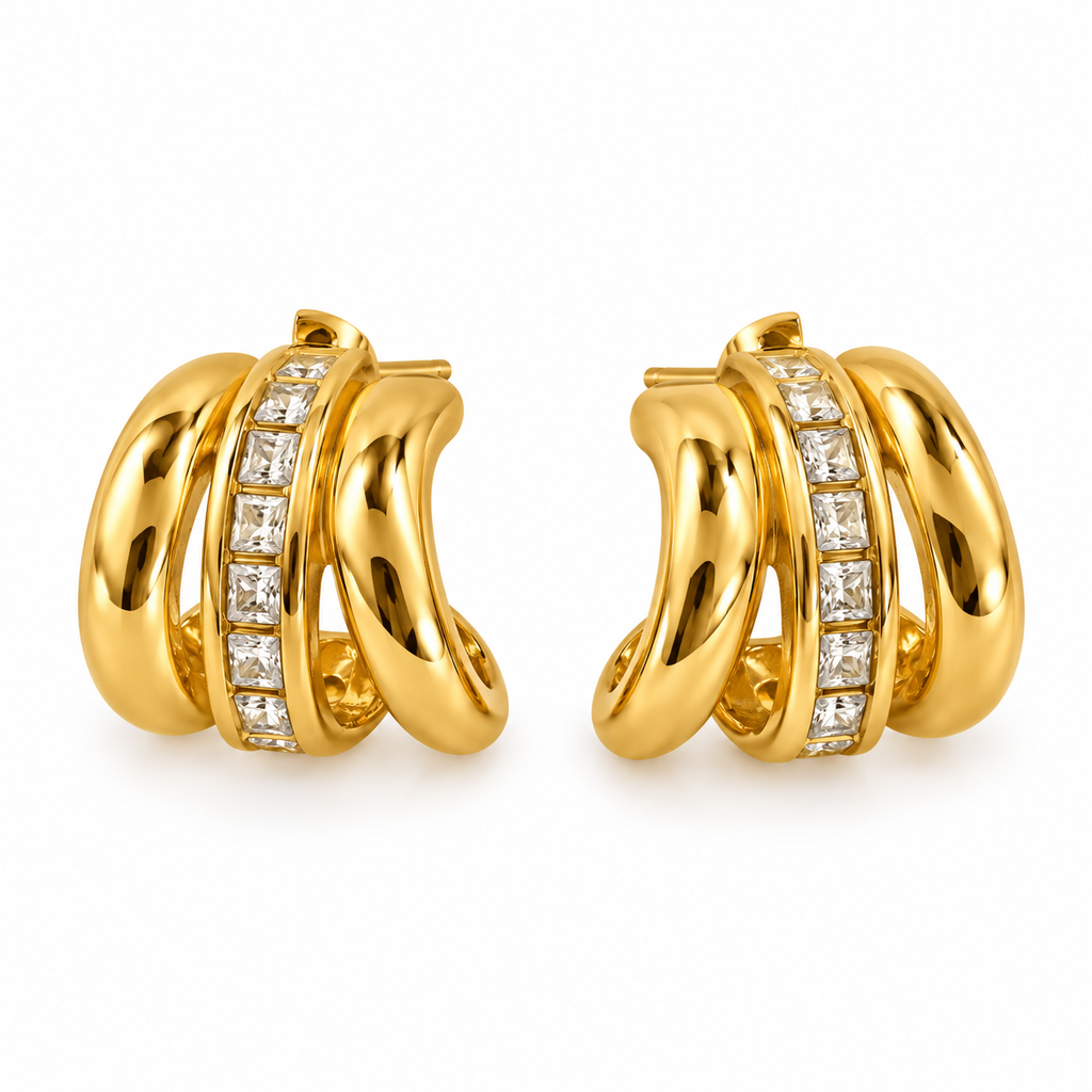 Boucles d'oreilles Triple Créoles Dorées et Cristaux Luxe