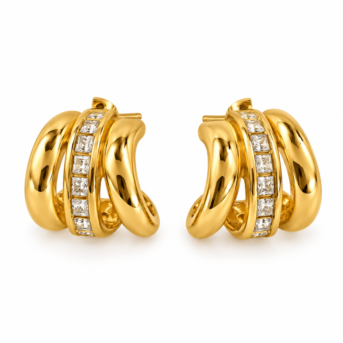Boucles d'oreilles Triple Créoles Dorées et Cristaux Luxe