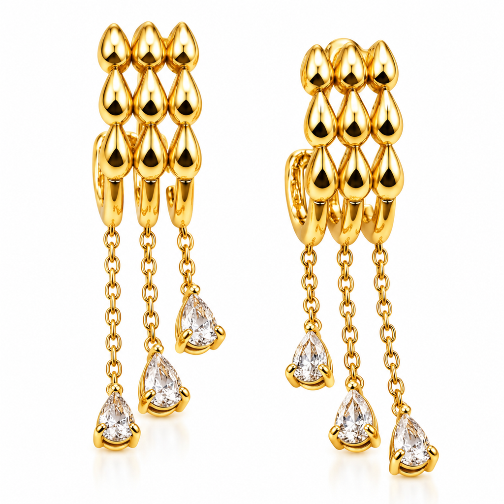 Boucles d'oreilles Triple Lignes Gouttes et Pendentifs Cristaux Luxe