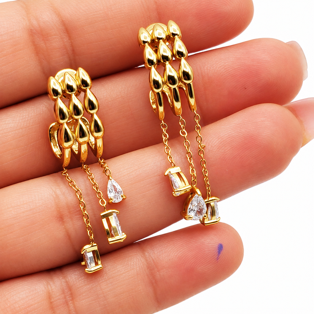 Boucles d'oreilles Triple Lignes Gouttes et Pendentifs Cristaux Luxe