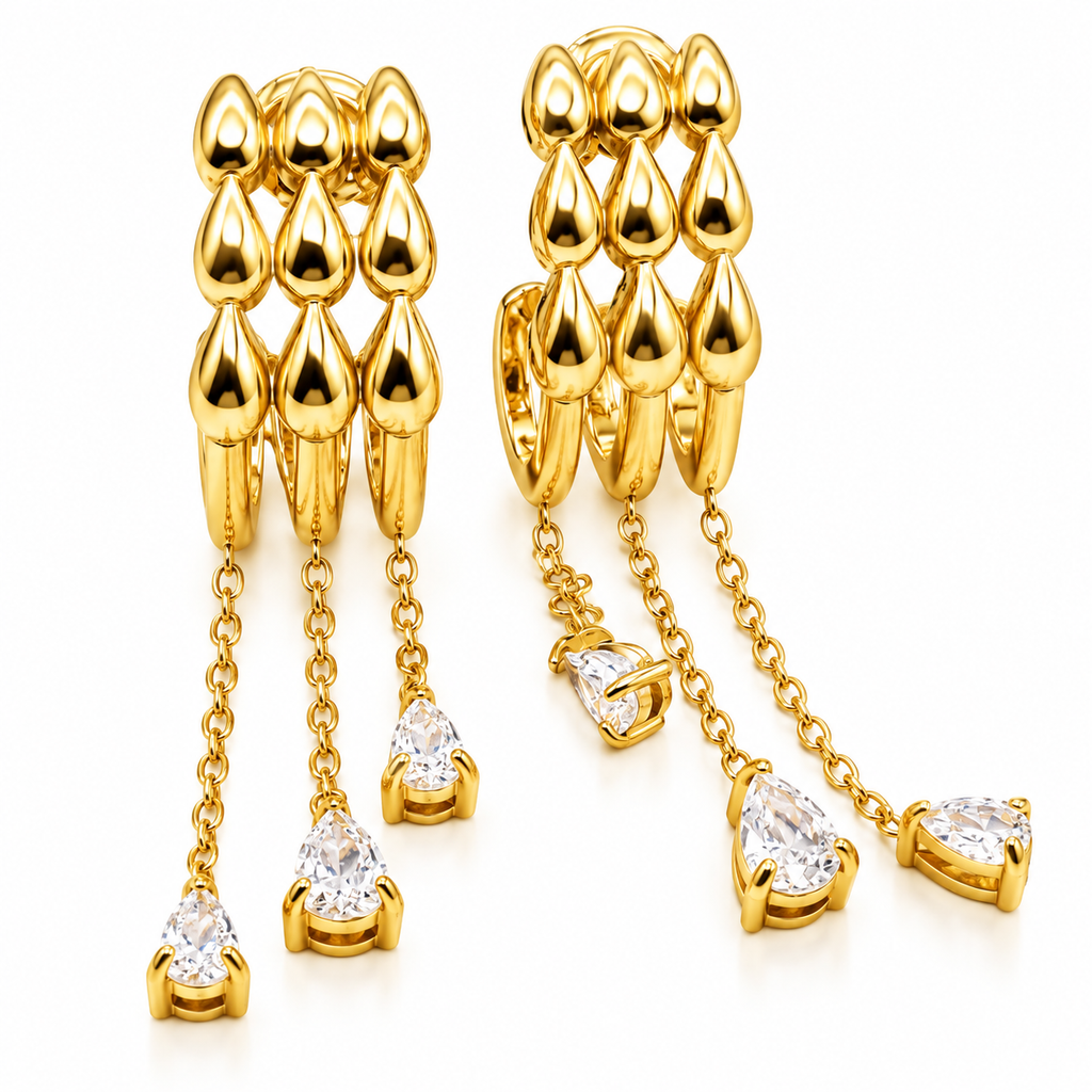 Boucles d'oreilles Triple Lignes Gouttes et Pendentifs Cristaux Luxe
