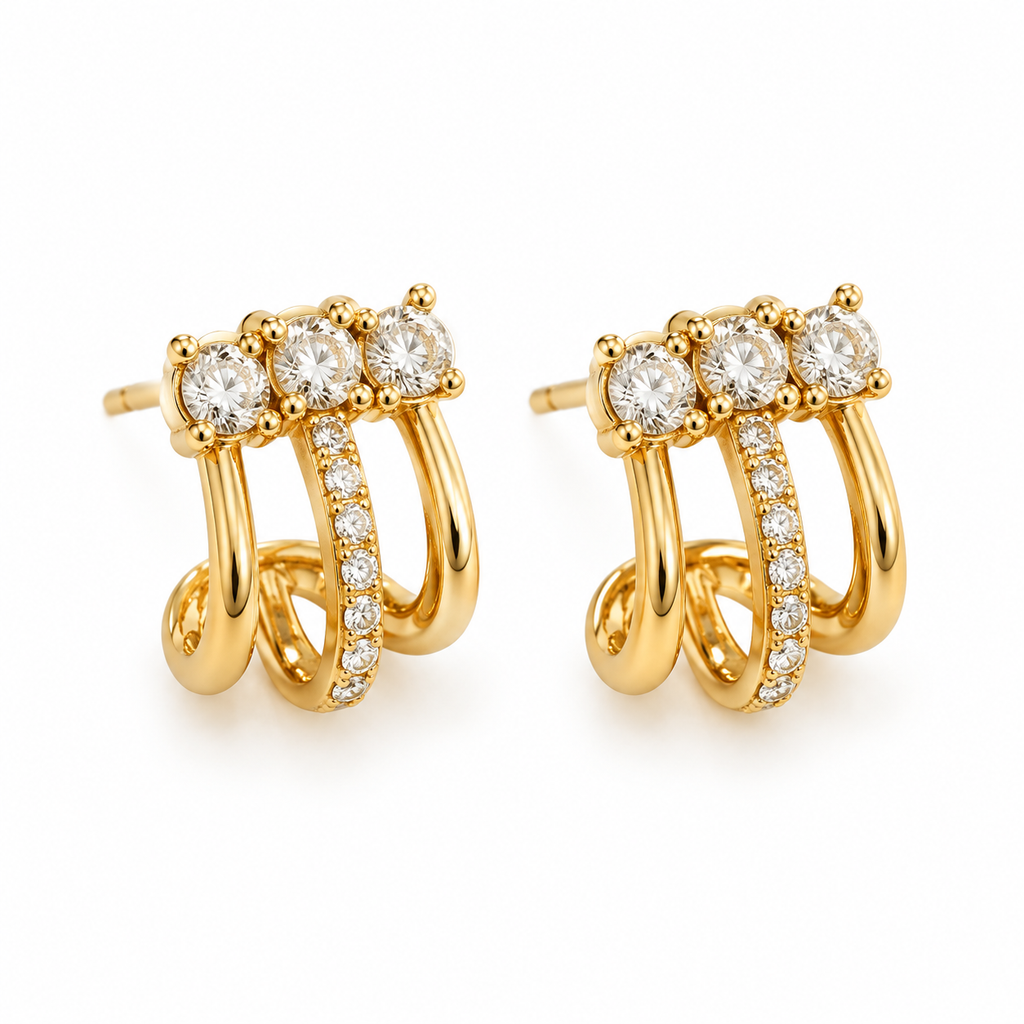 Boucles d'oreilles Triple Lignes et Cristaux Ronds Luxe