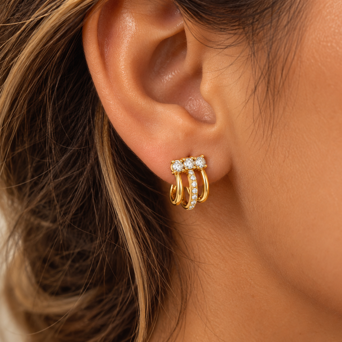 Boucles d'oreilles Triple Lignes et Cristaux Ronds Luxe