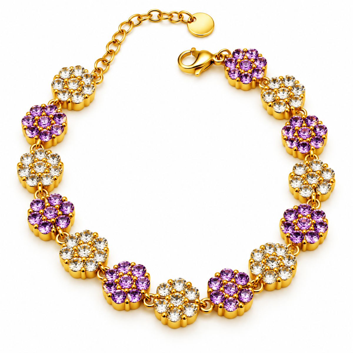Bracelet Multi Fleurs de Cristaux Violets et Transparents Luxe