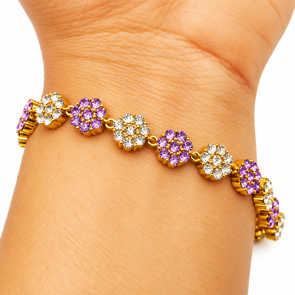 Bracelet Multi Fleurs de Cristaux Violets et Transparents Luxe