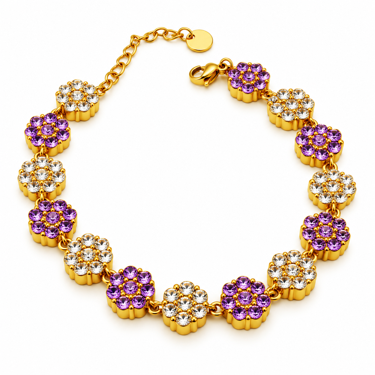 Bracelet Multi Fleurs de Cristaux Violets et Transparents Luxe