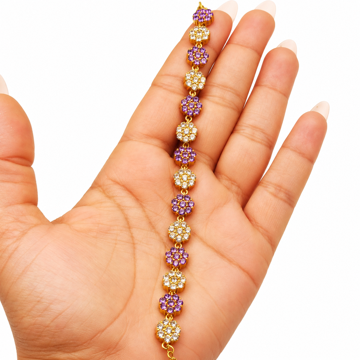 Bracelet Multi Fleurs de Cristaux Violets et Transparents Luxe