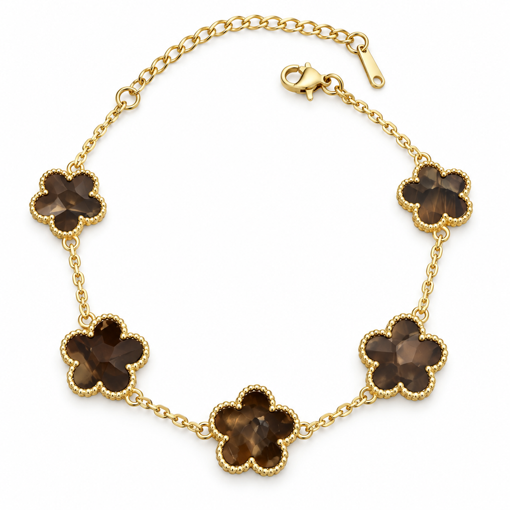 Bracelet Multi Marguerites Marrons Marbrées Tour Perles d'imitation Dorées Luxe