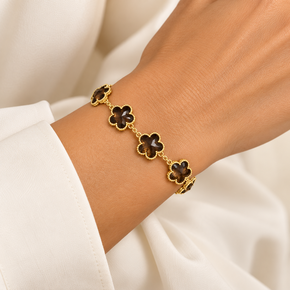 Bracelet Multi Marguerites Marrons Marbrées Tour Perles d'imitation Dorées Luxe