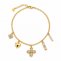 Bracelet Multi Pendentifs Trèfles Cristaux et Coeur Bombé Luxe