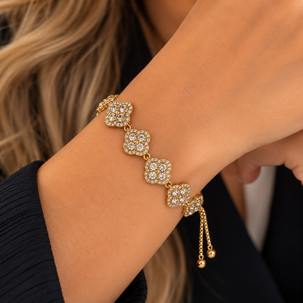 Bracelet Multi Trèfles 4 Cristaux Ronds Tour Cristaux Luxe