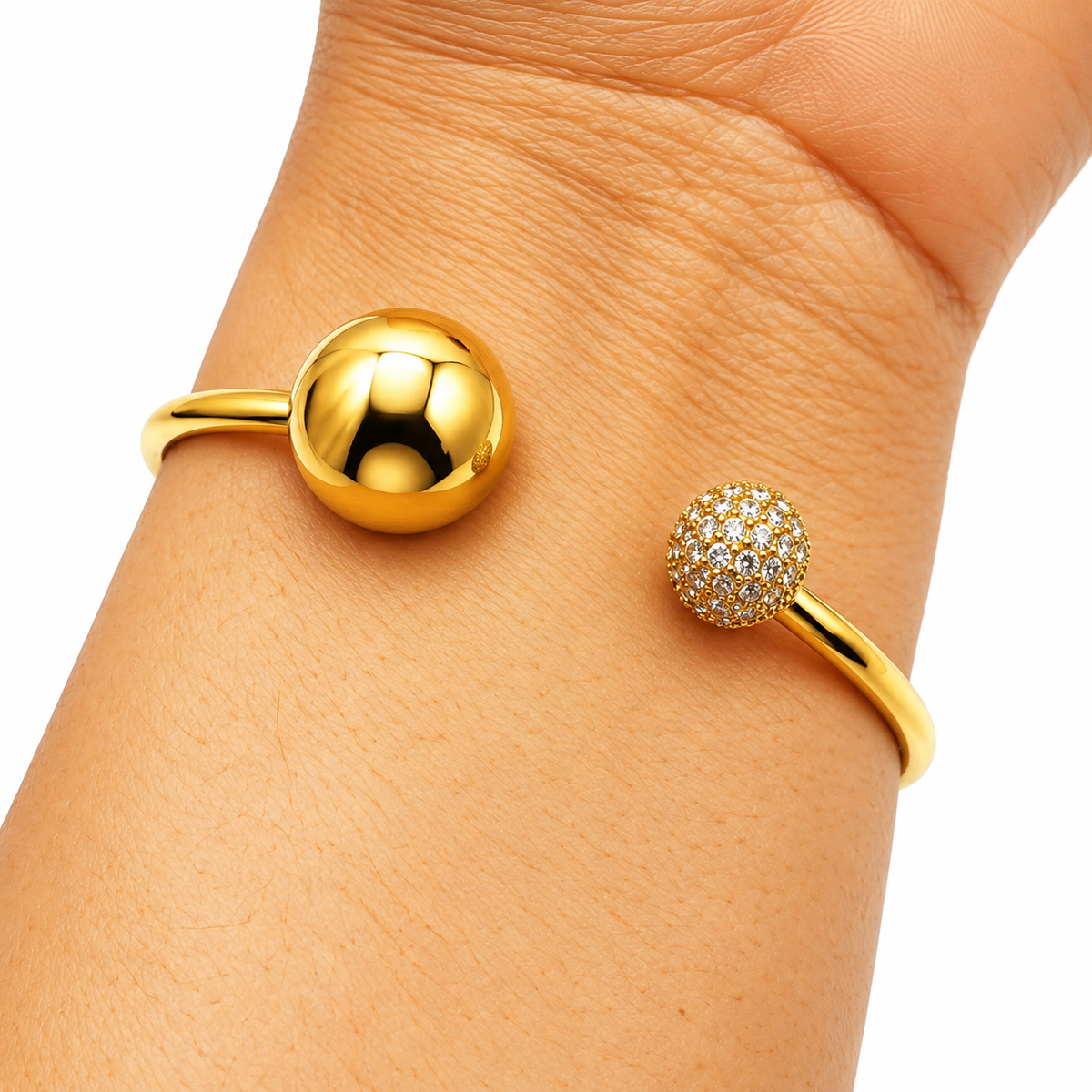 Bracelet Rigide Double Boules Dorée et Cristaux Luxe