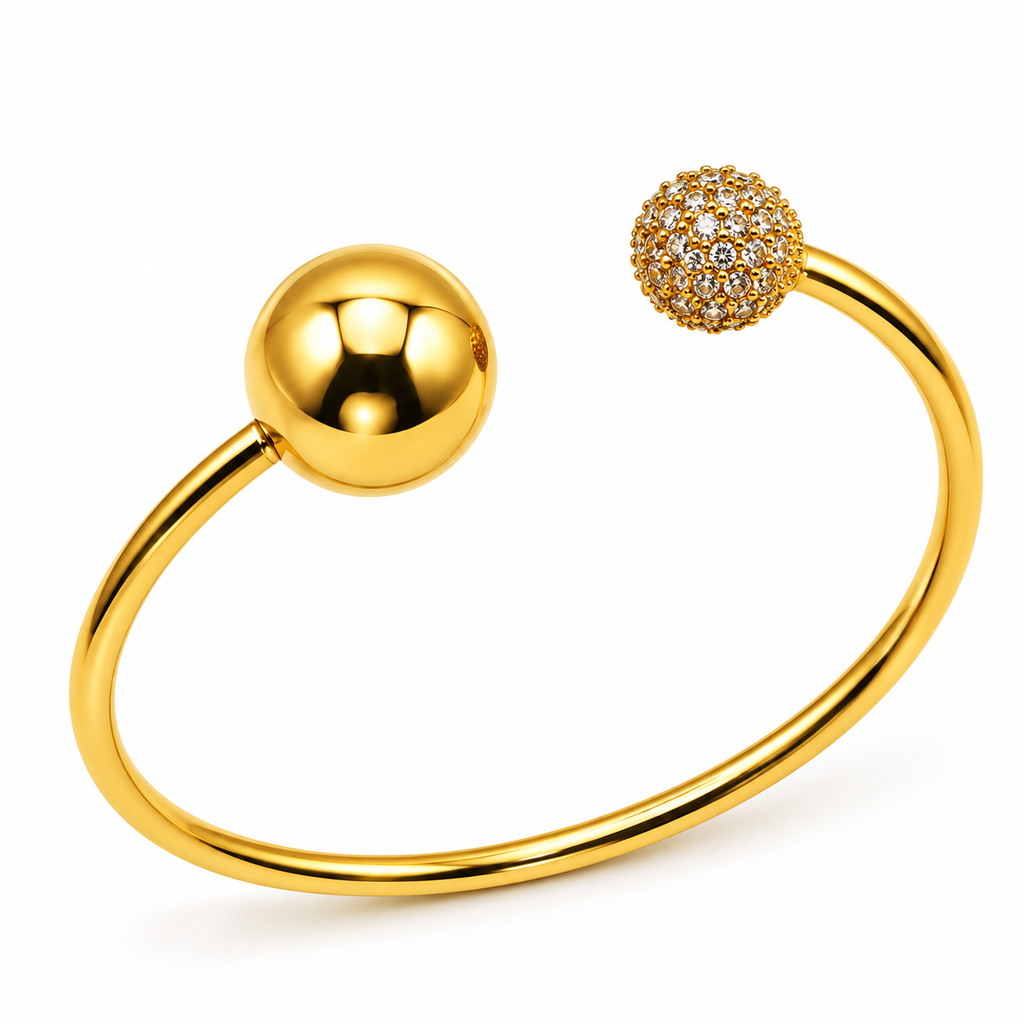 Bracelet Rigide Double Boules Dorée et Cristaux Luxe