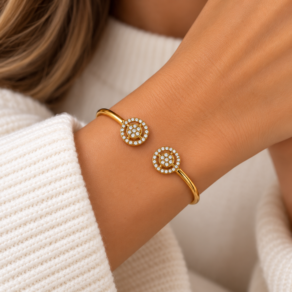 Bracelet Rigide Double Cercles Cristaux Tour Cristaux Luxe