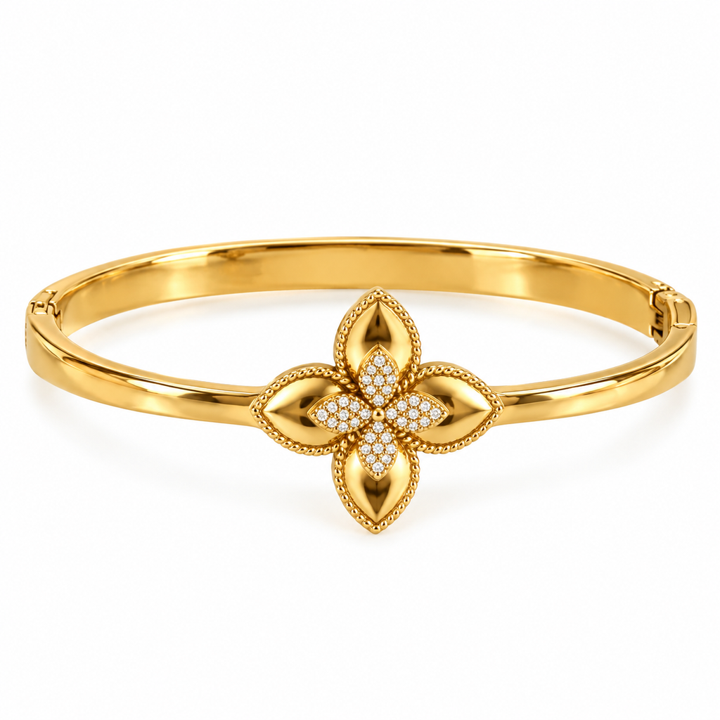 Bracelet Rigide Double Fleurs Dorées et Cristaux Luxe