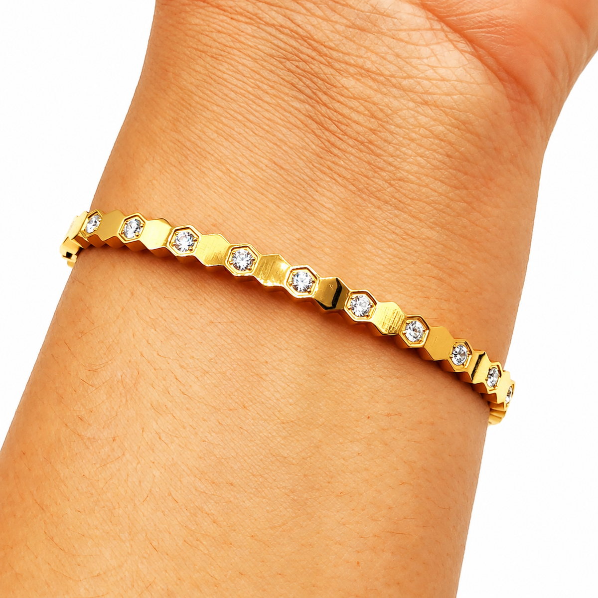 Bracelet Rigide Hexagones Dorés et Cristaux Luxe