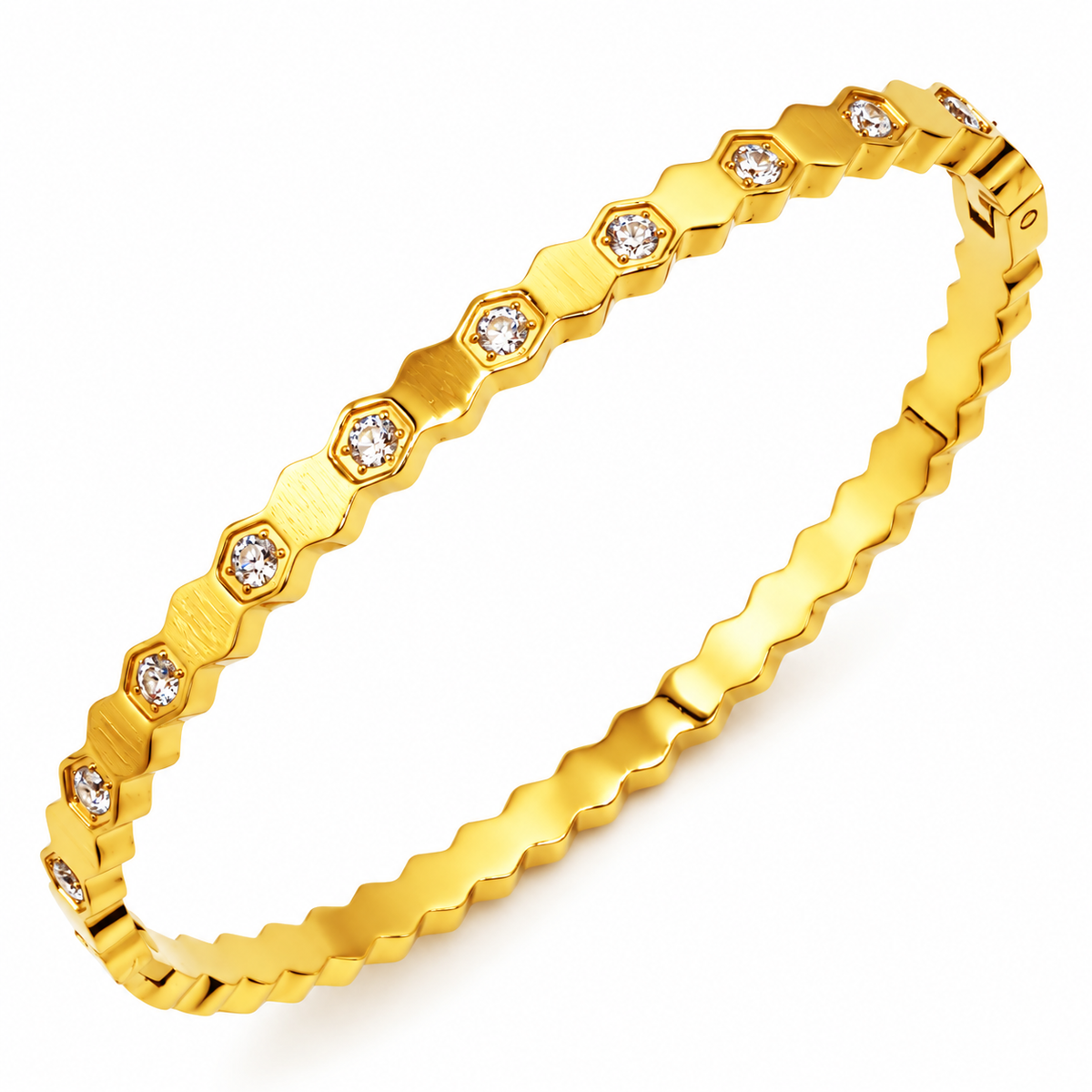 Bracelet Rigide Hexagones Dorés et Cristaux Luxe