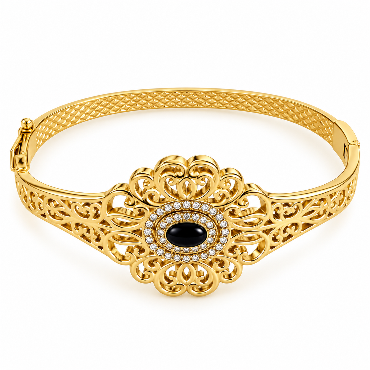 Bracelet Rigide Motifs Orientaux Pierre Noire et Cristaux Luxe
