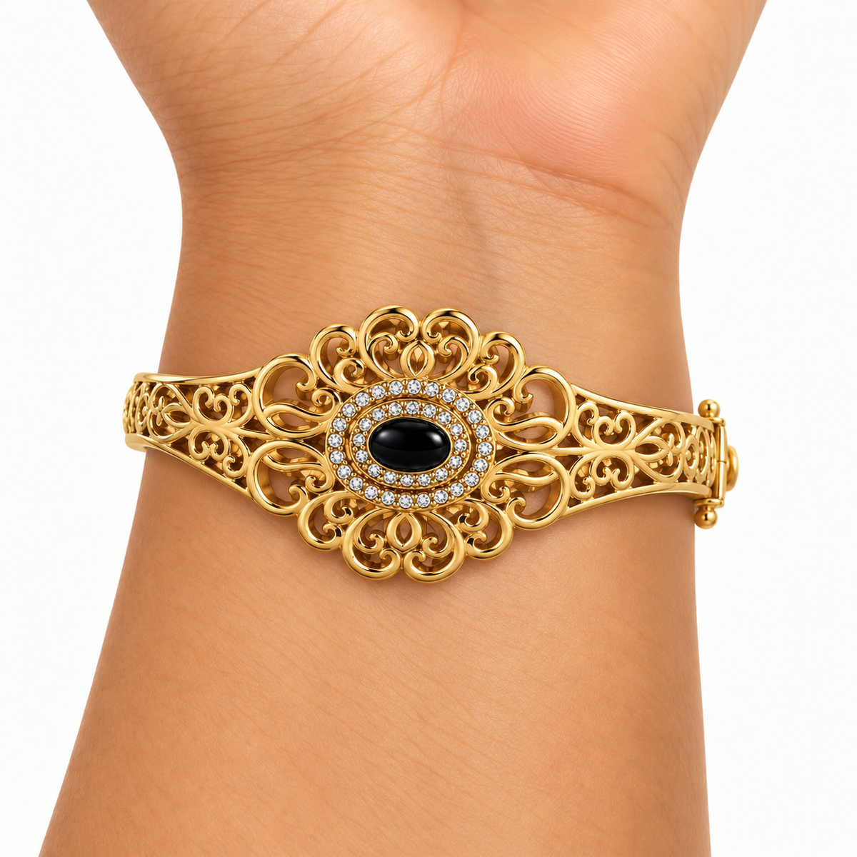 Bracelet Rigide Motifs Orientaux Pierre Noire et Cristaux Luxe