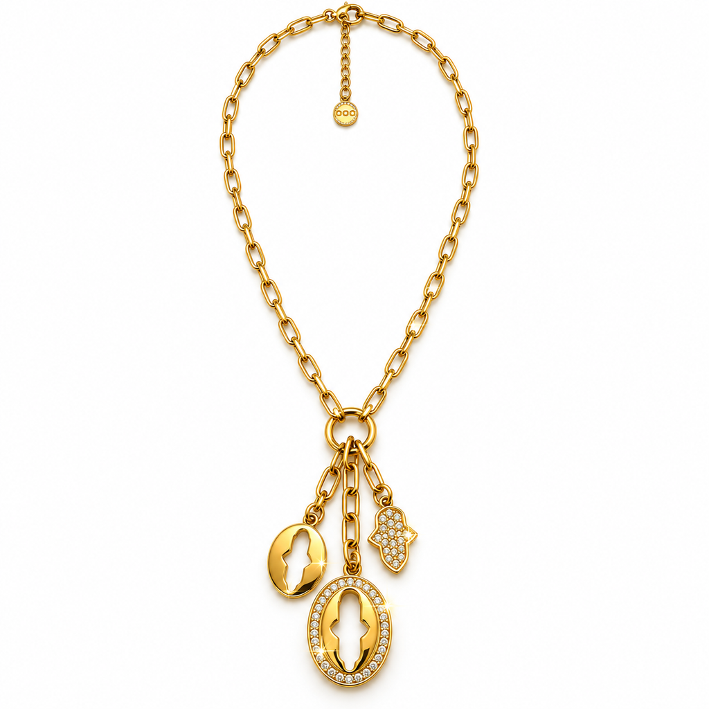 Collier Long Triple Pendentifs Main de Fatma Cristaux Luxe