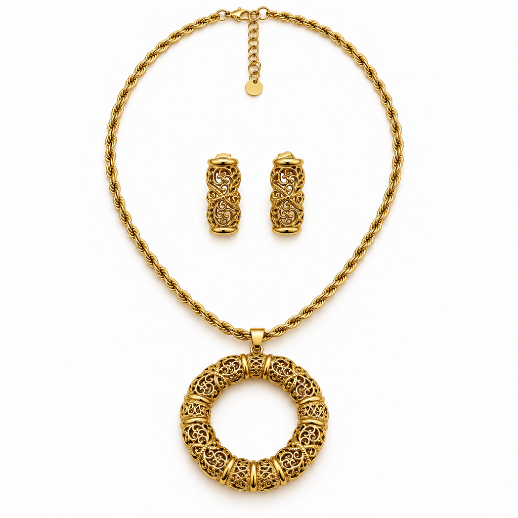 Ensemble Collier Long et Boucles d'oreilles Boules Motifs Orientaux et Barres Dorées Luxe