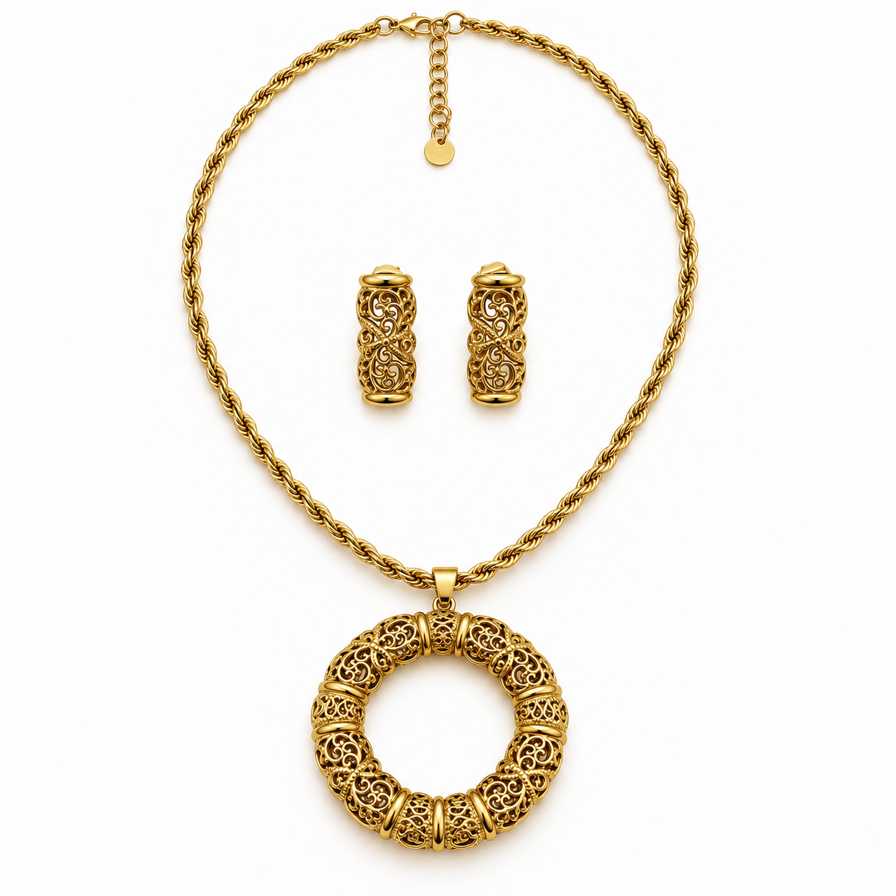 Ensemble Collier Long et Boucles d'oreilles Boules Motifs Orientaux et Barres Dorées Luxe