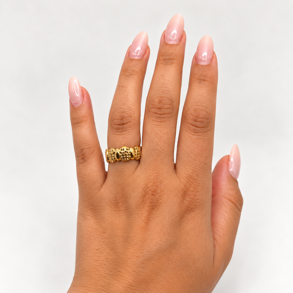 Bague Boules Motifs Orientaux et Barres Dorées Luxe