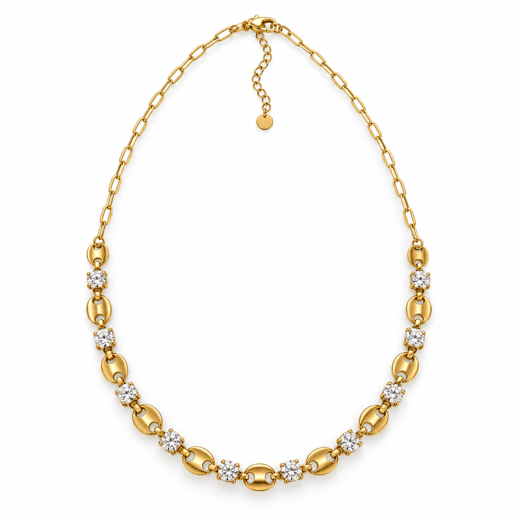 Collier Chaîne Graines de Café et Gros Cristaux Luxe