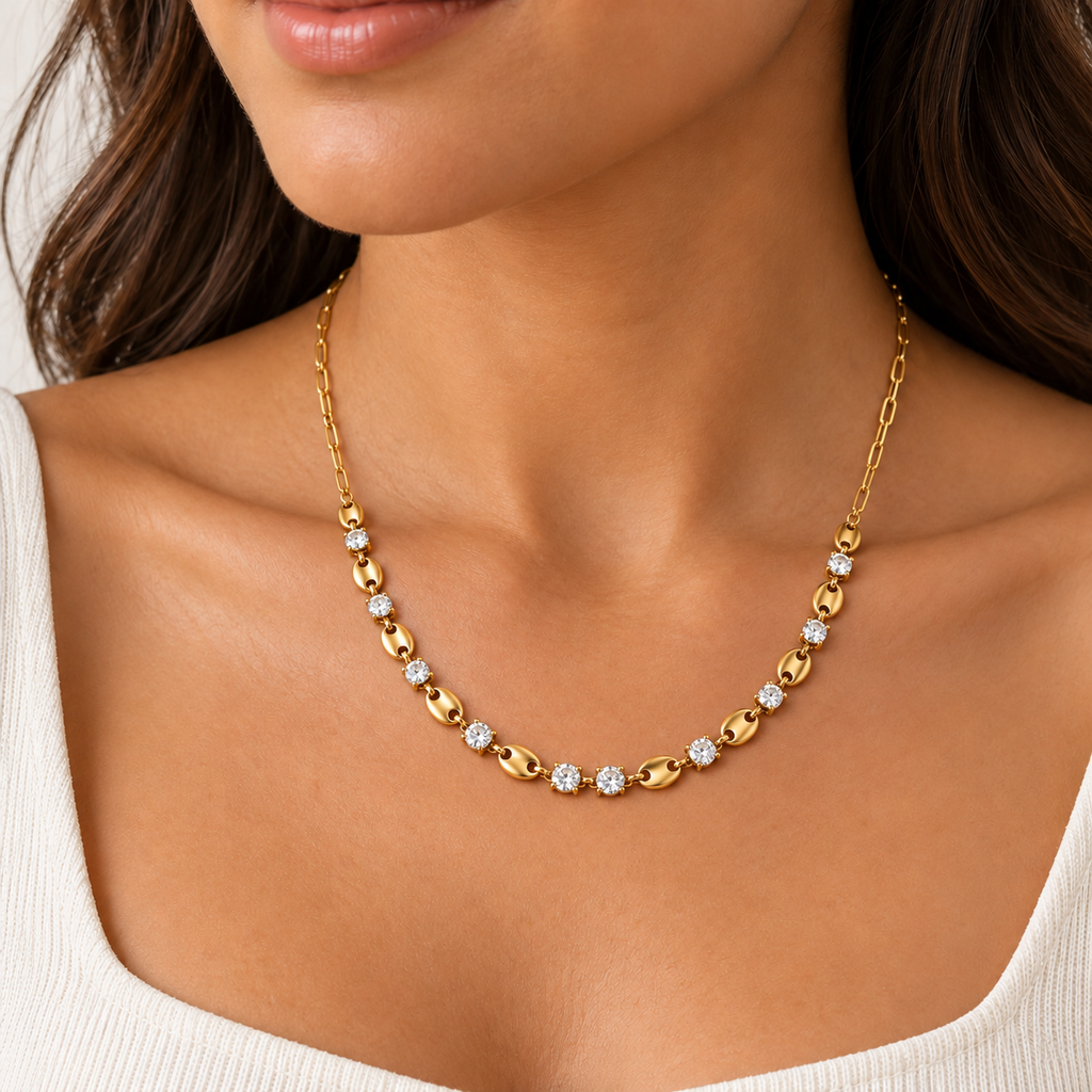 Collier Chaîne Graines de Café et Gros Cristaux Luxe