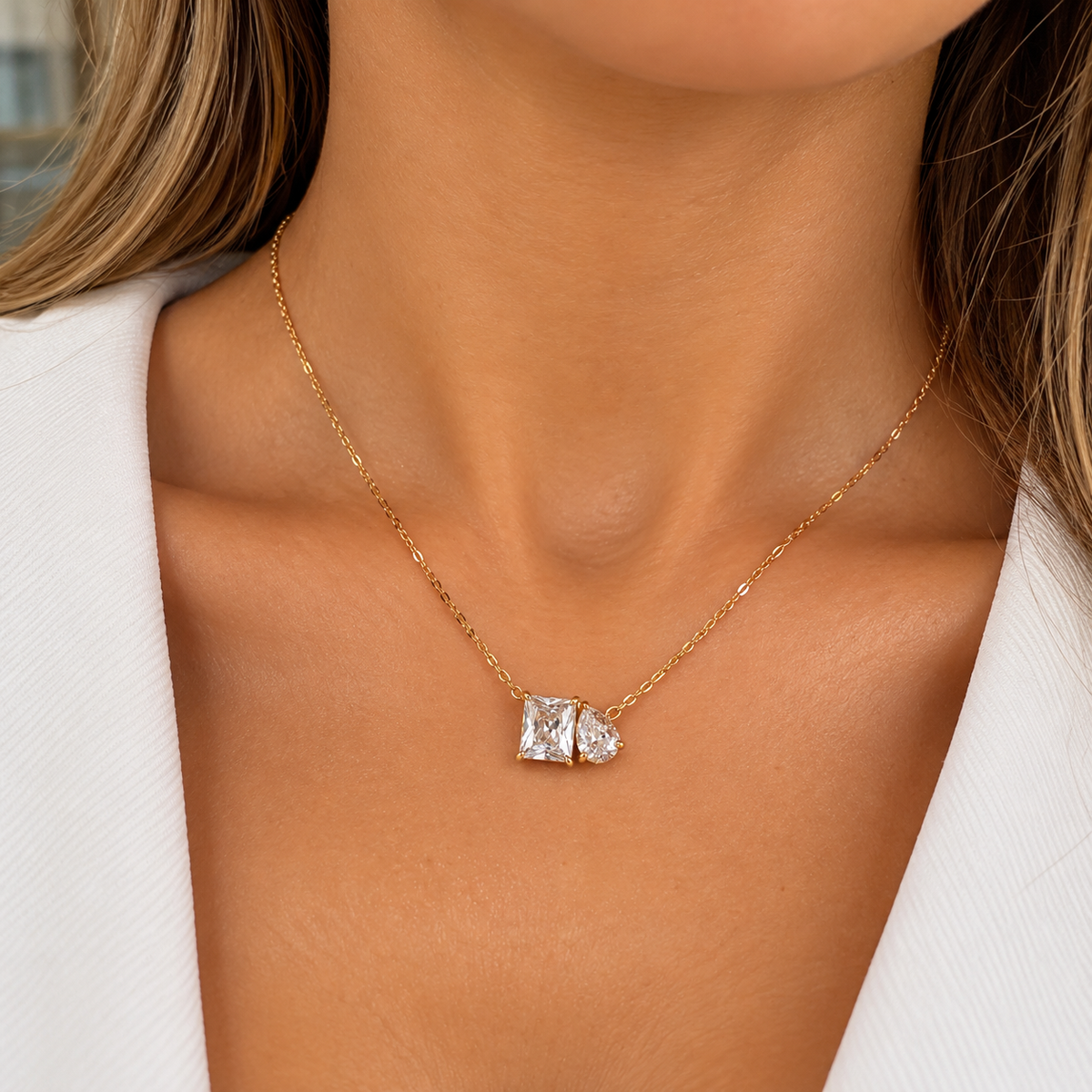 Collier Double Cristaux Carré et Goutte Luxe