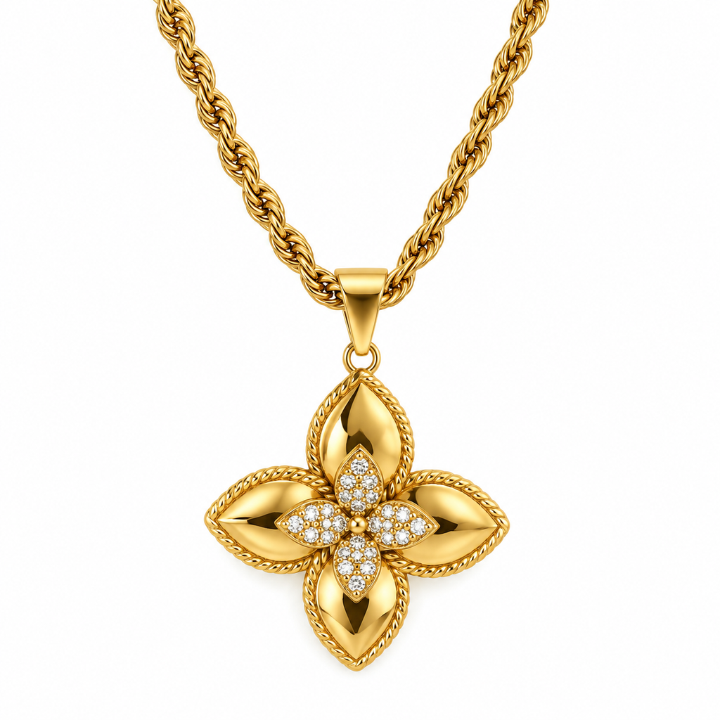 Collier Double Fleurs Dorées et Cristaux Luxe