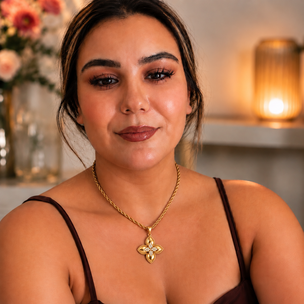 Collier Double Fleurs Dorées et Cristaux Luxe