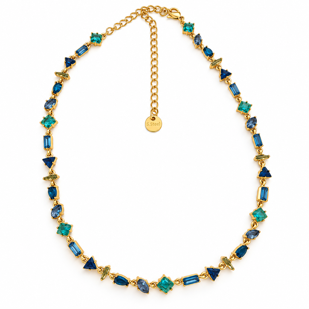 Collier Multi Cristaux Multi Formes Bleutés Luxe