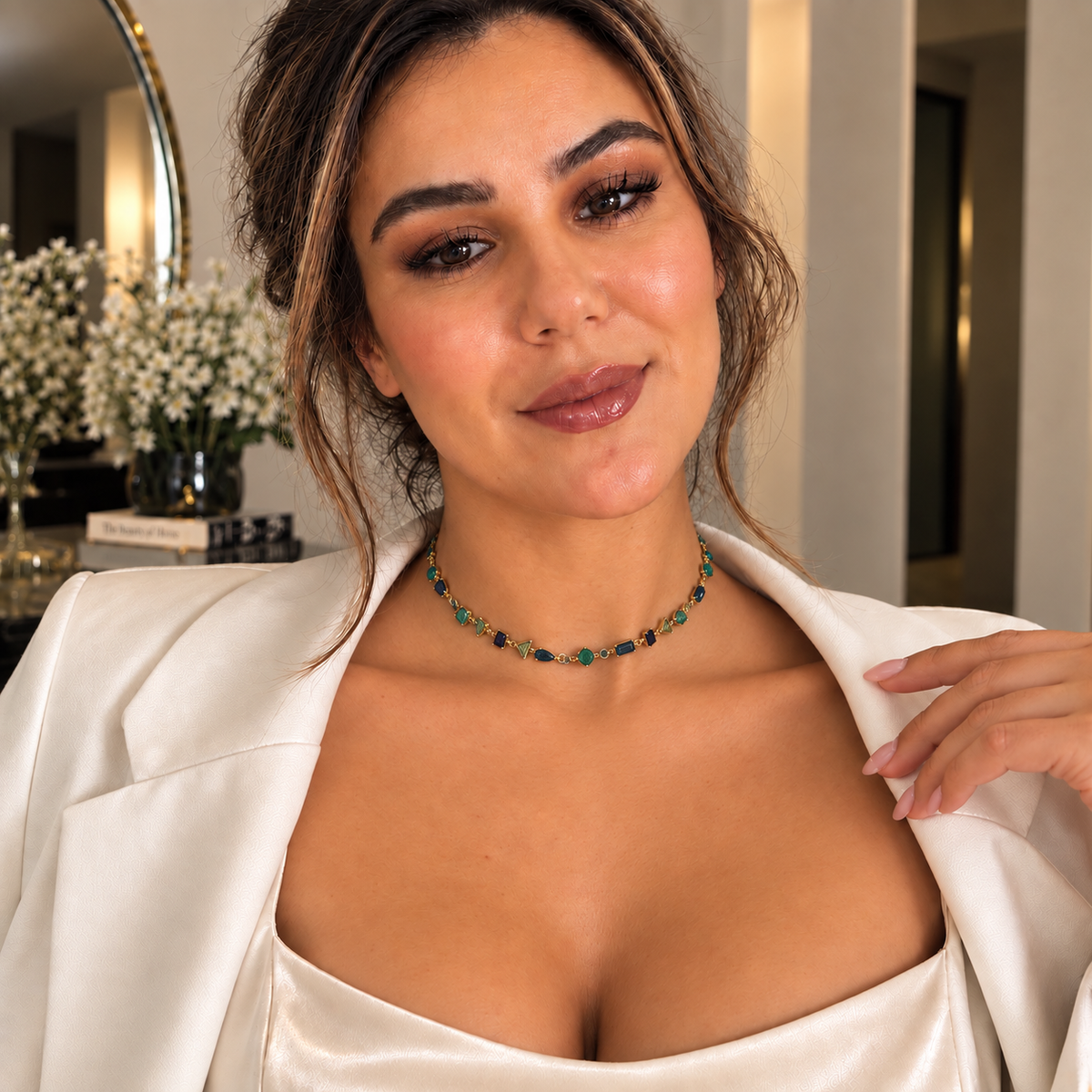 Collier Multi Cristaux Multi Formes Bleutés Luxe