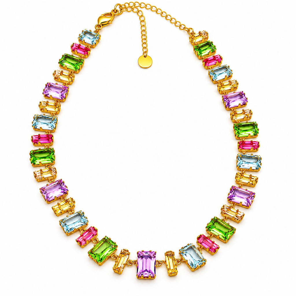 Collier Multi Cristaux Rectangles Multi Formes Multicolores Luxe