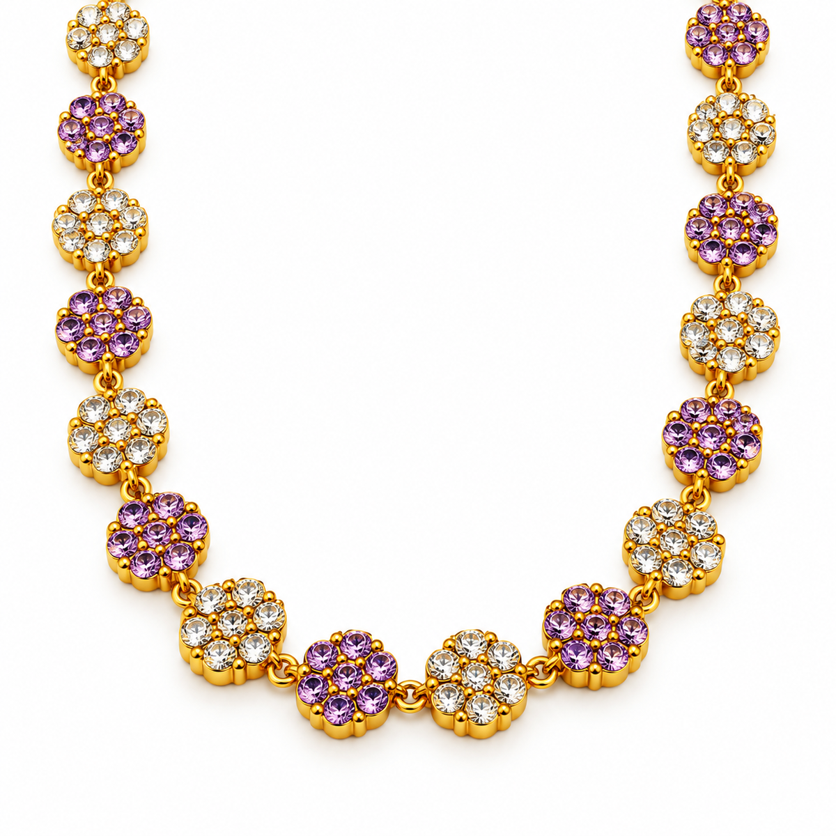 Collier Multi Fleurs de Cristaux Violets et Transparents Luxe
