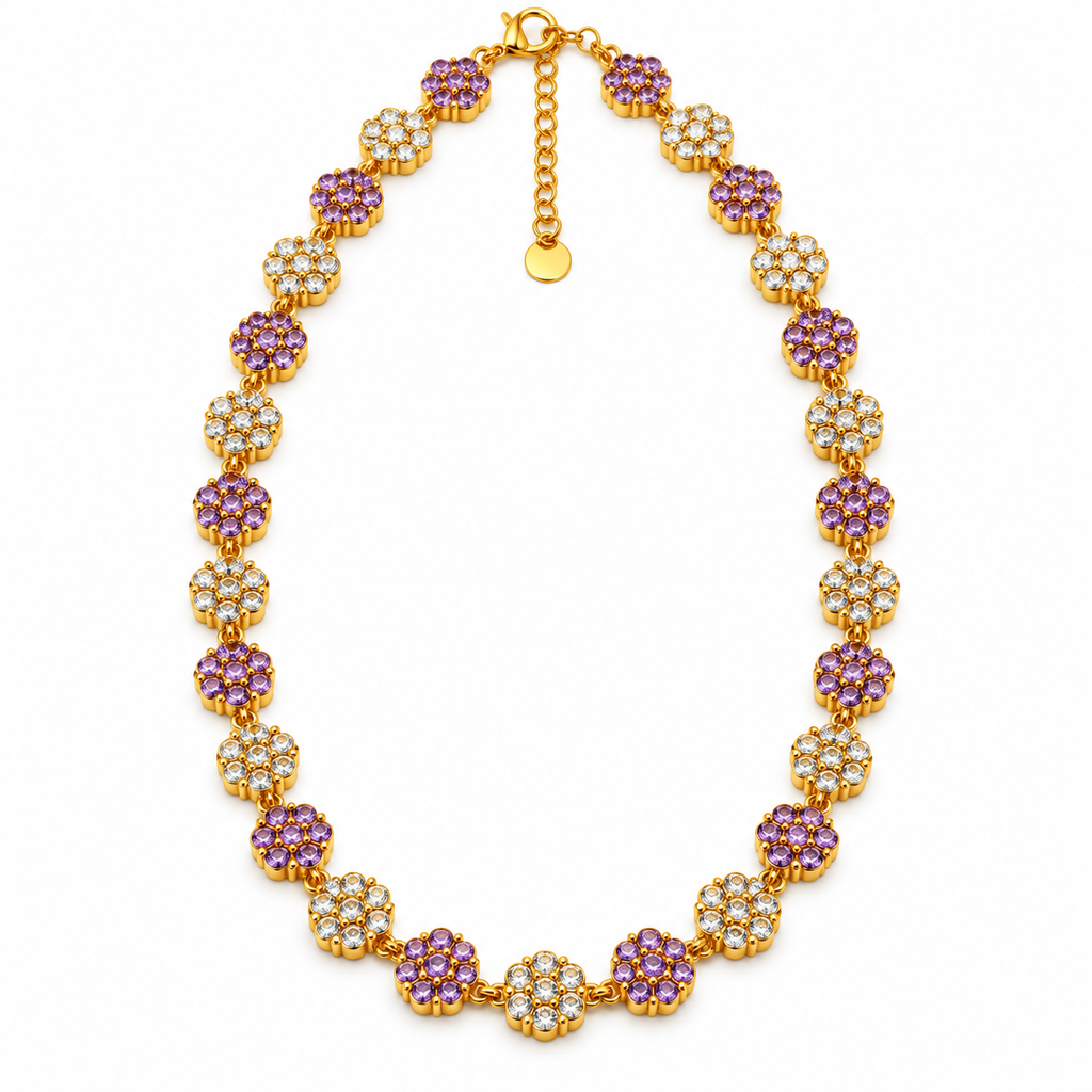 Collier Multi Fleurs de Cristaux Violets et Transparents Luxe