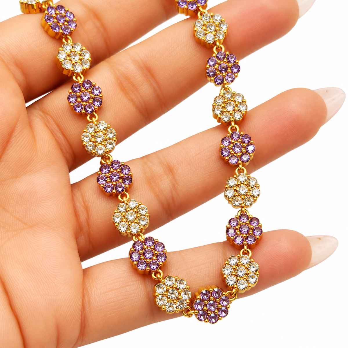 Collier Multi Fleurs de Cristaux Violets et Transparents Luxe