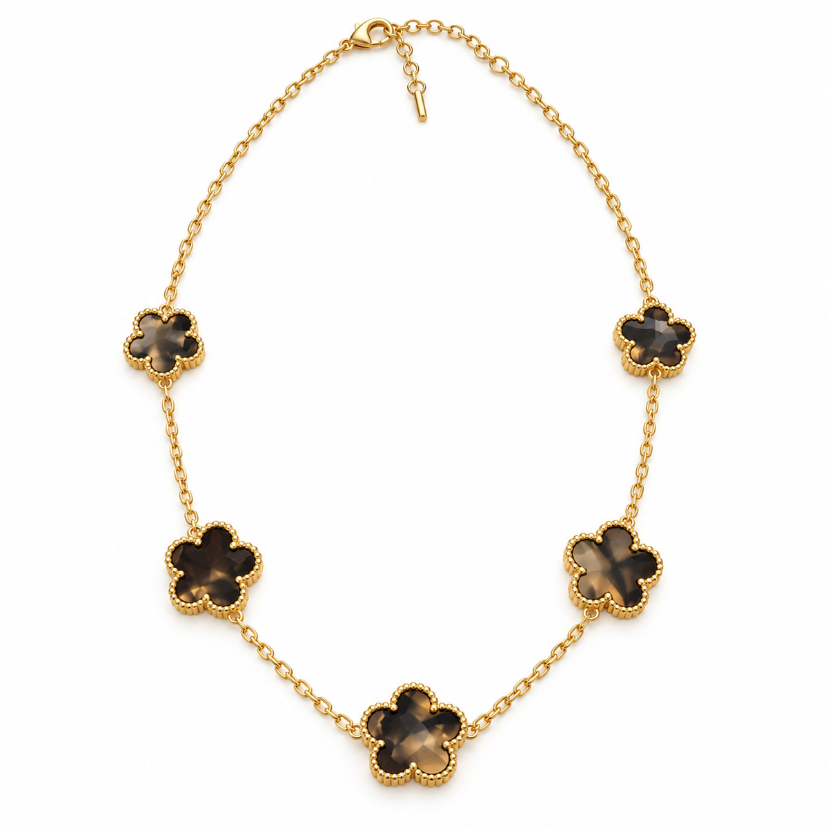 Collier Multi Marguerites Marrons Marbrées Tour Perles d'imitation Dorées Luxe
