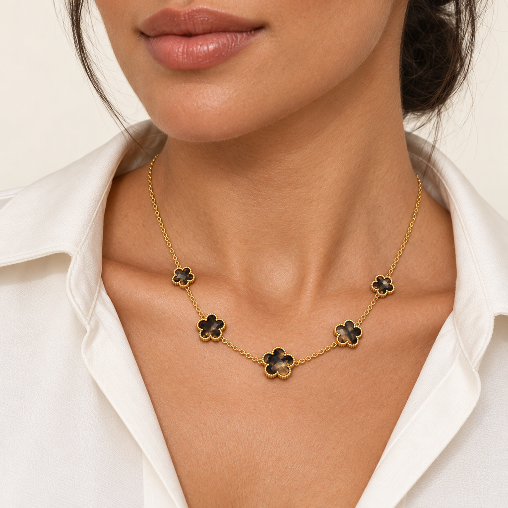 Collier Multi Marguerites Marrons Marbrées Tour Perles d'imitation Dorées Luxe