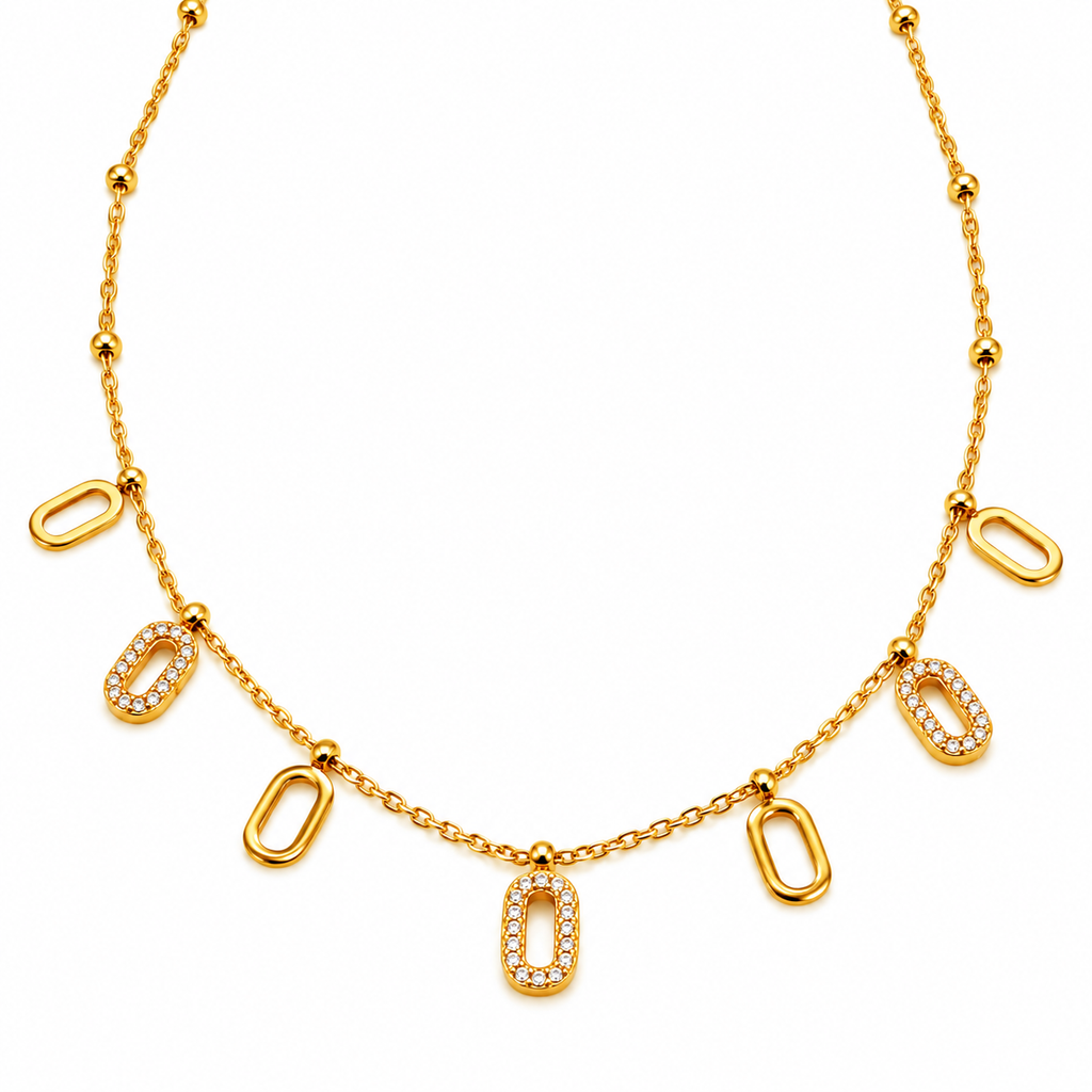 Collier Multi Ovales Dorés et Tour Cristaux Luxe