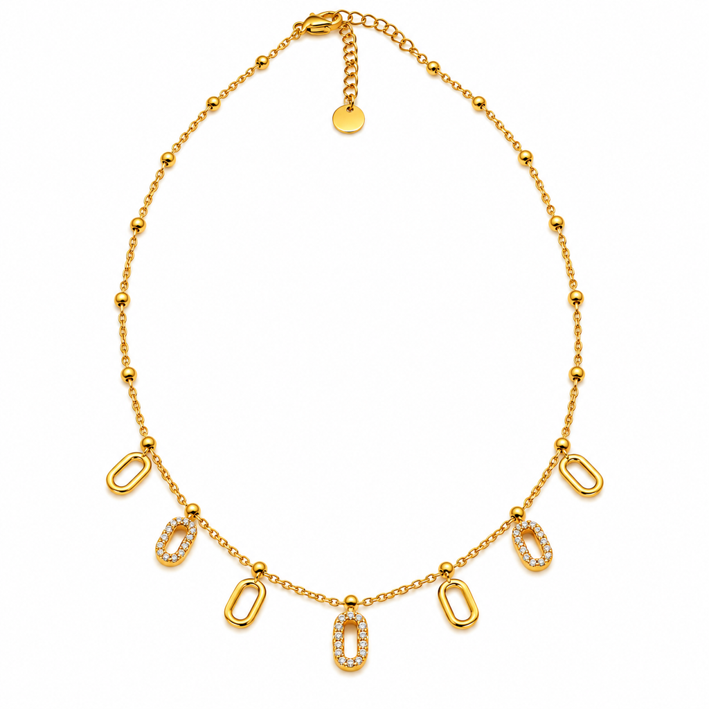 Collier Multi Ovales Dorés et Tour Cristaux Luxe